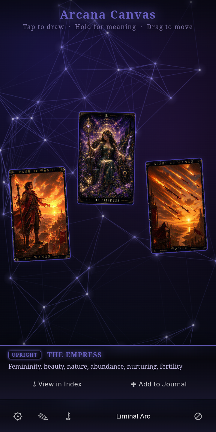 Arcana Canvas illustrated tarot deck on mobile