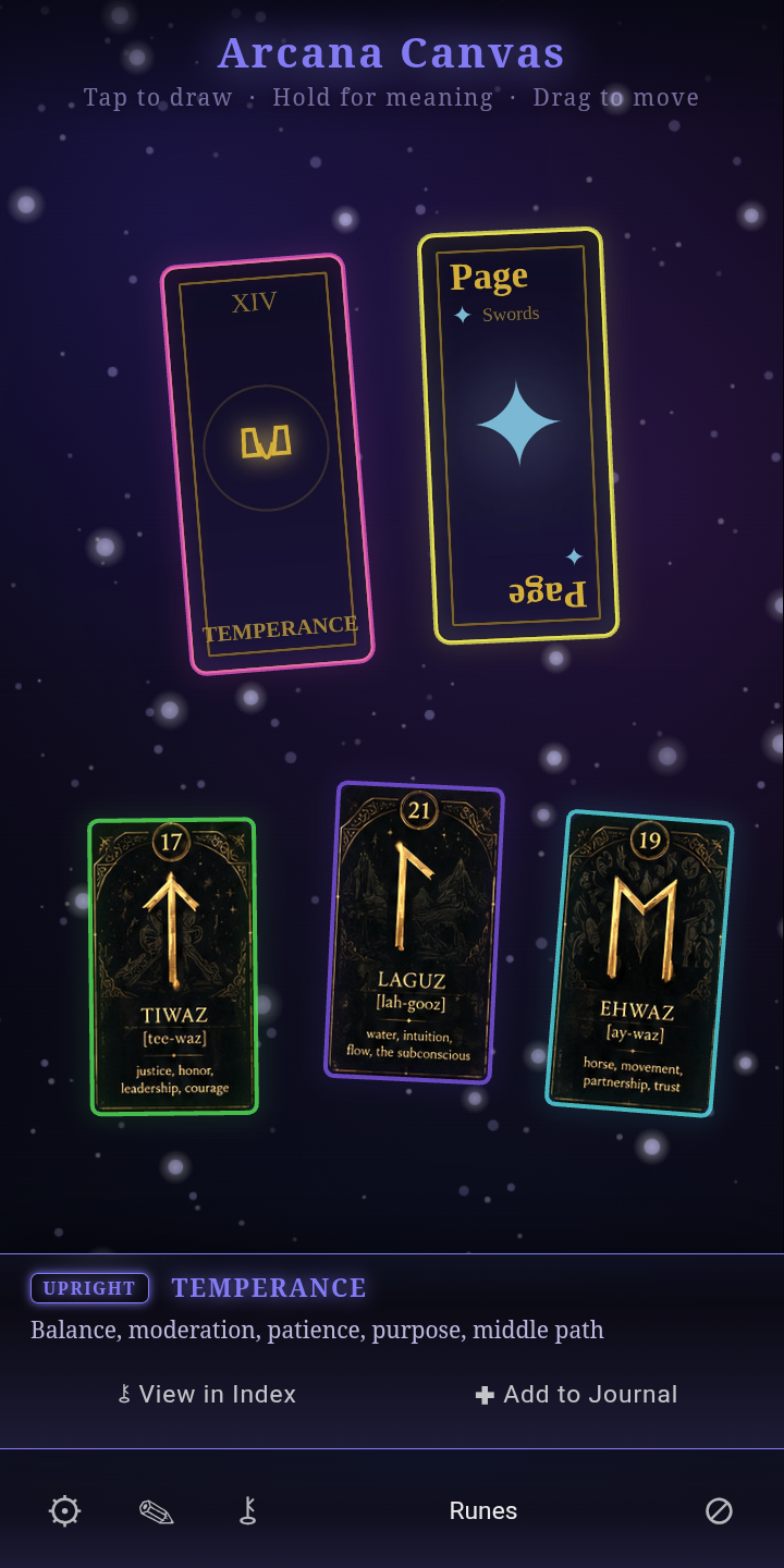 Tarot, runes, and playing cards together in Arcana Canvas